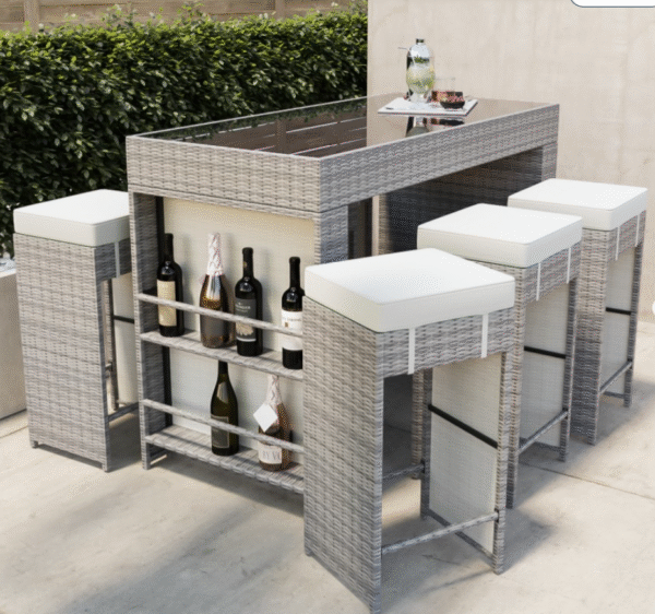 6 seater grey rattan bar set with premium glass top