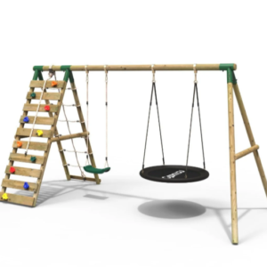wooden swing set with climbing wall